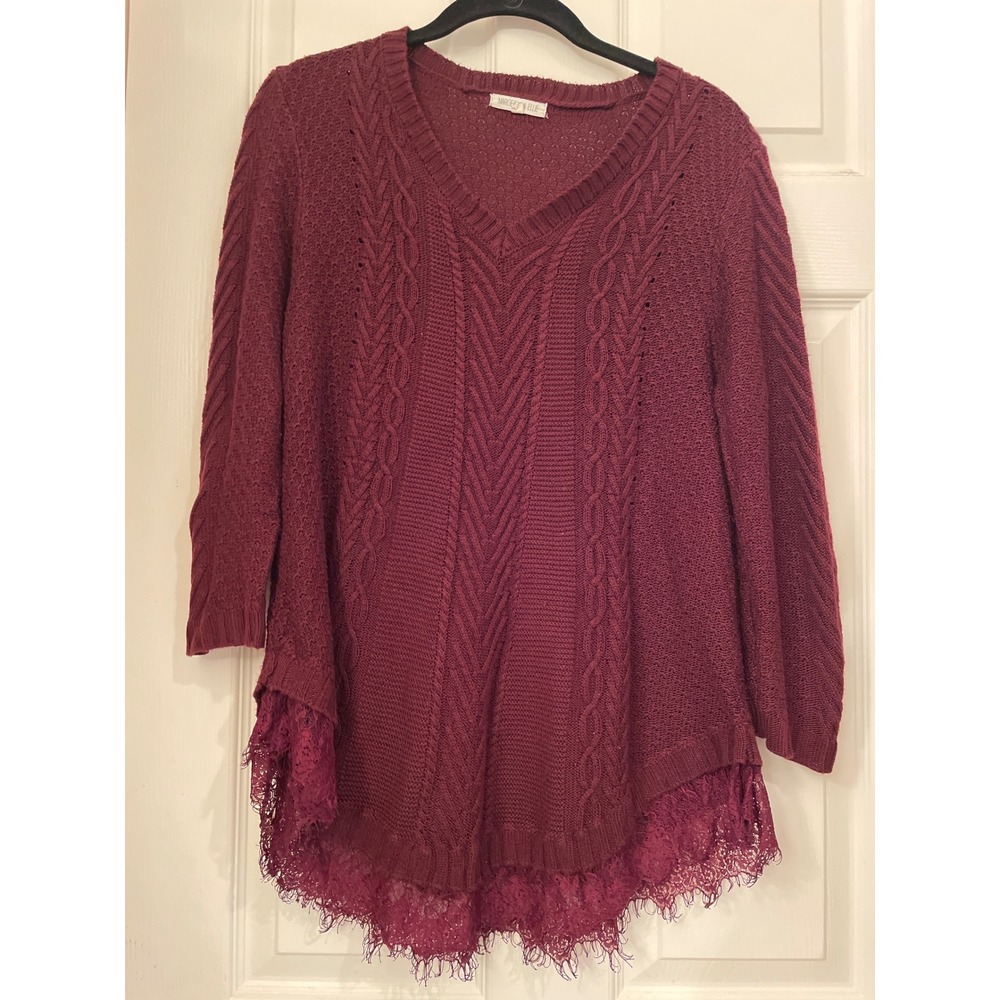 Margeaux & Ellie Womens Burgundy Cable Knit Lace Trim Sweater V-Neck S72633FM‎ L